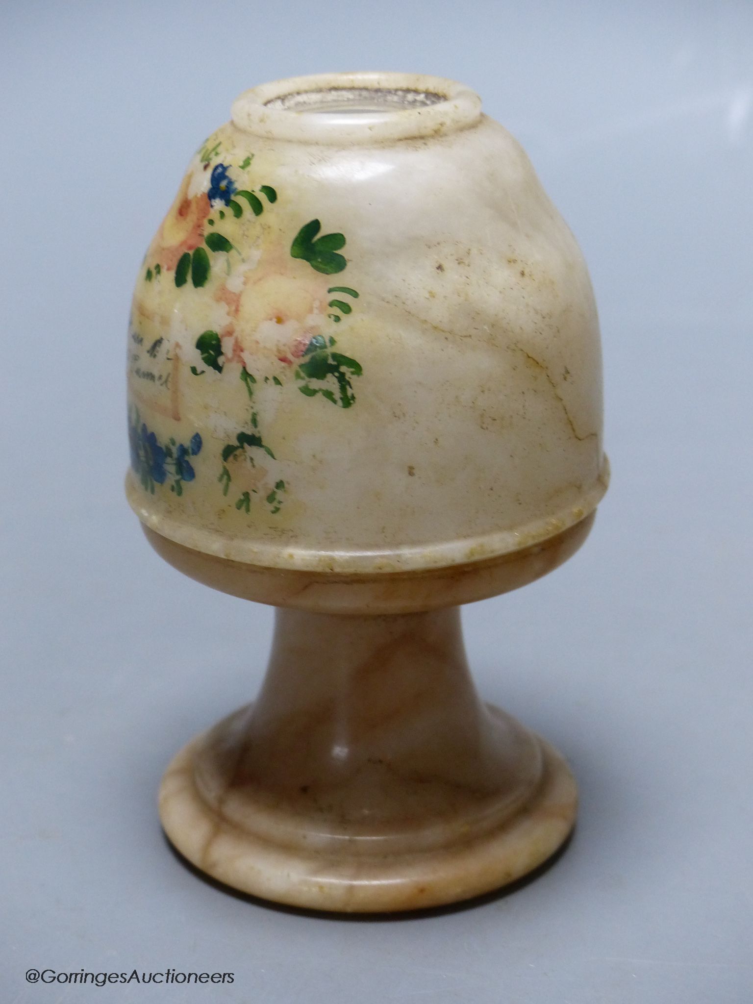 A 19th century alabaster souvenir Stanhope peep vase, Thames Tunnel view, height 11cm